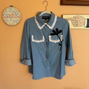 Cynthia Rowley Chambray Floral Appliquè Cotton Shirt (M)